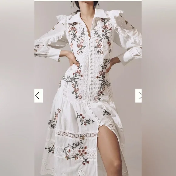 NWT By Anthropologie Long-Sleeve V-Neck Eyelet Midi Dress - Picture 2 of 12